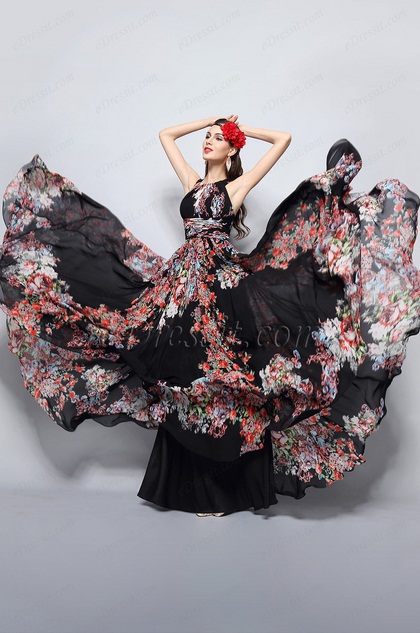 Robe longue noire à imprimé floral pour soirée & mariage