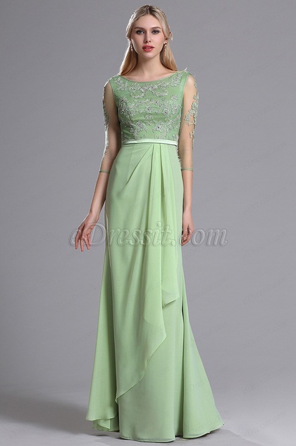 Robe Mère de Mariée 3/4 Manche Dentelle Vert