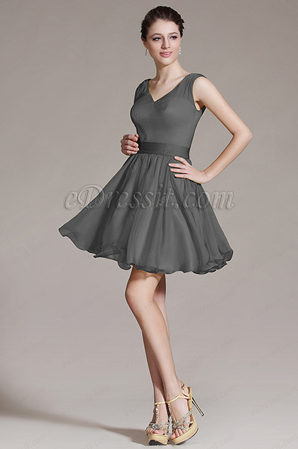 V Cut Grey Bridesmaid Dress Party Dress