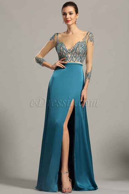 Long Sleeves Sexy Plunging Formal Dress Evening Gown