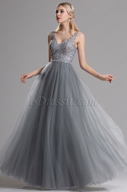 Plunging V Neck Lace Prom Evening Dress