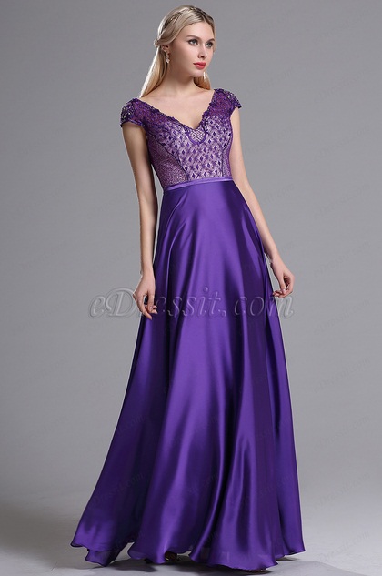 Purple V Neckline Embroidery Beaded Prom Dress