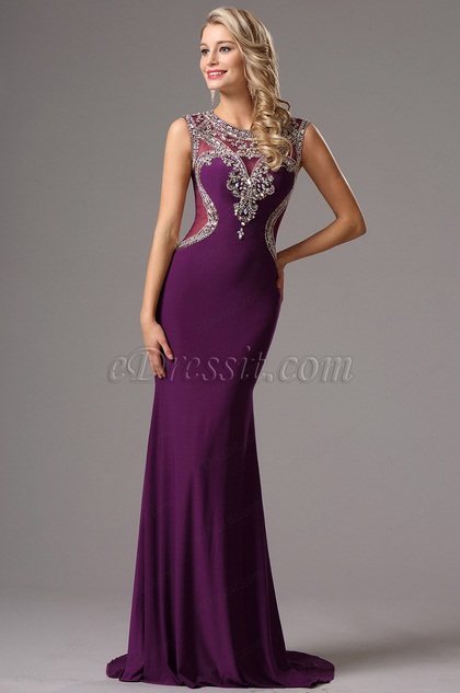 Robe de Soirée Violet Longue Sexy Dos Perles