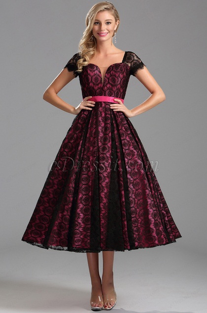 Robe de cocktail midi  manche court rose vif