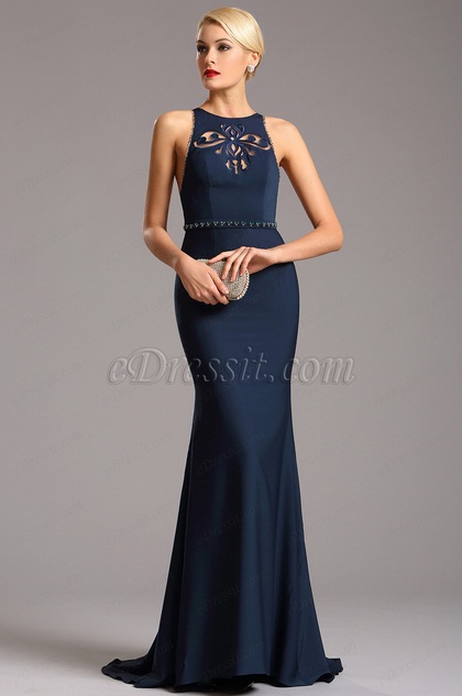 Sleeveless Navy Blue Formal Gown with Sexy Cutouts