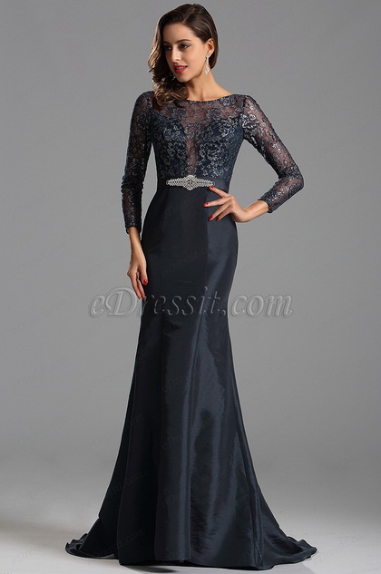 Navy Blue Illusion Lace Bodice Formal Dress