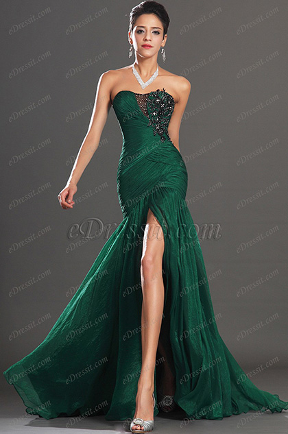 Stunning Green High Slit Strapless Evening Dress