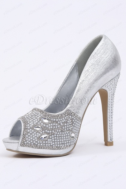 Silver Crystal Peep Toe High Heels