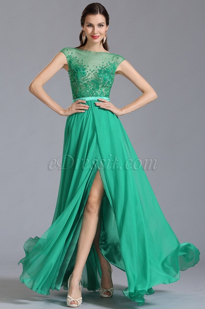 Deckend Ärmel Grün Gestickt Abend Kleid Formal Kleid