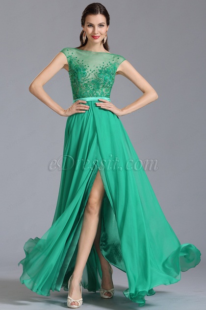 Robe de soirée longue verte fente sexy broderie ajourée