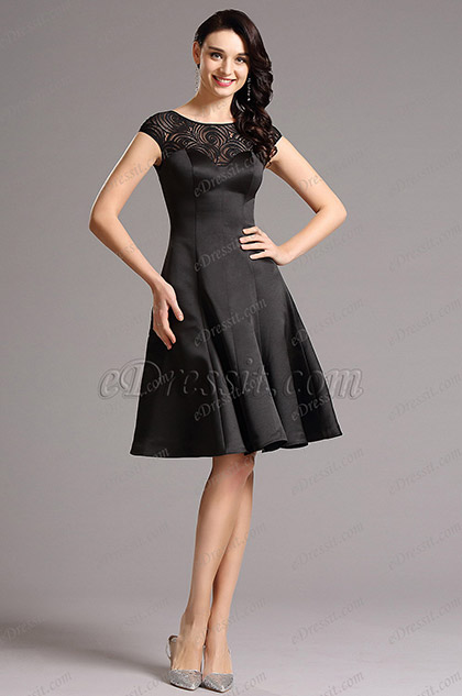 Capped Sleeves Lace Neck Black Cocktail Dress Party Dress