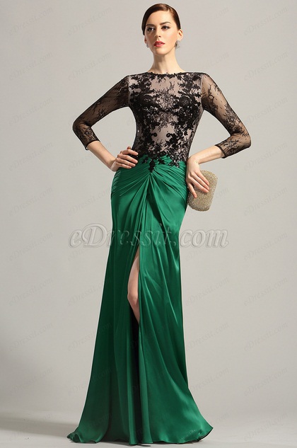 Robe de soirée longue drapée vert émeraude dentelle noire