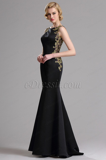 Sleeveless Golden Lace Applique Mermaid Evening Gown