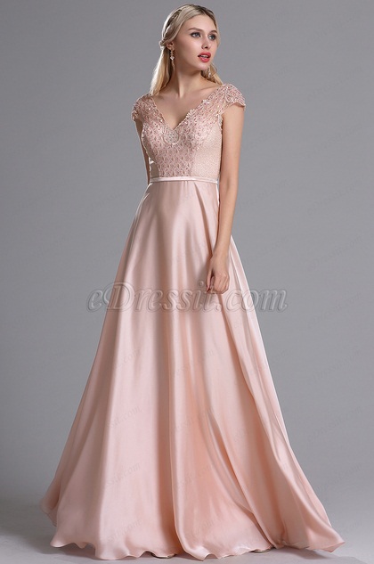 Pink V Neckline Embroidery Beaded Prom Dress