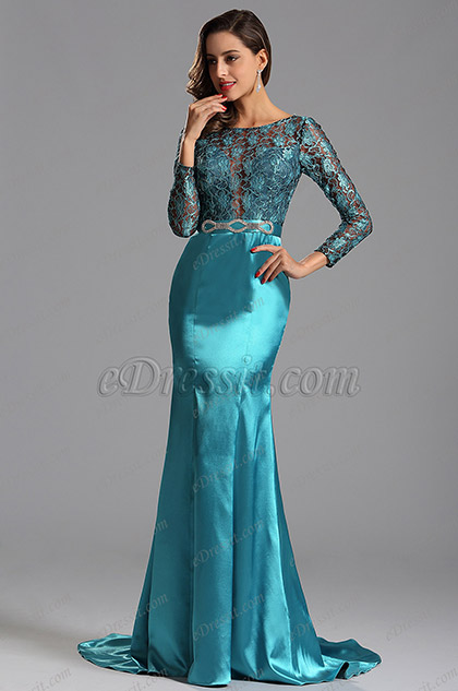 Long Sleeves Illusion Lace Bodice Blue Evening Dress