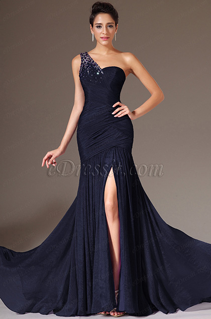 Dark Blue Beaded One-Shoulder High Slit Dress