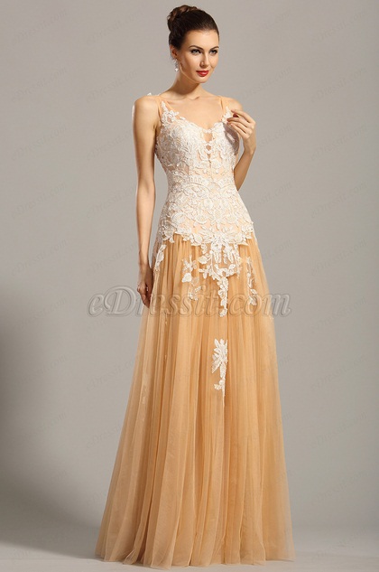 Robe de soirée longue beige dentelle sans manche