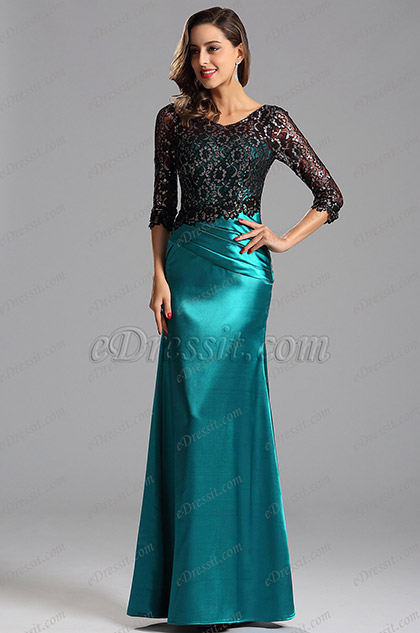 Half Sleeves Lace Bodice Formal Evening Dress