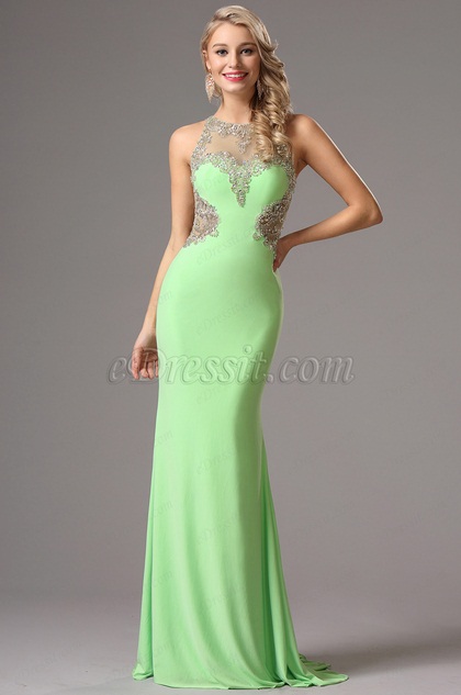 Sleeveless Light Green Gown with Fully Beaded Bodice