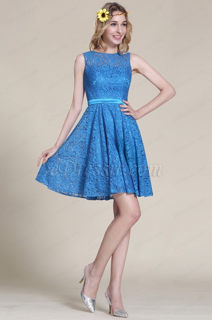 Blau Spitze Brautjungferkleid Cocktail Kleid