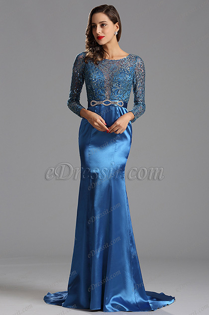 Long Sleeves Blue Sequin Formal Dress Evening Dress