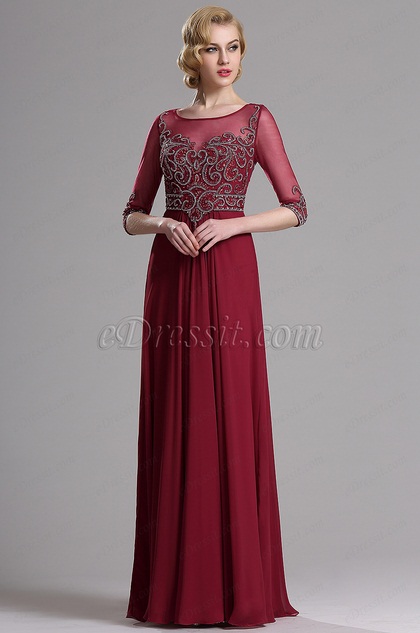 Burgundy Half Sleeves Beaded Evening Prom Dress