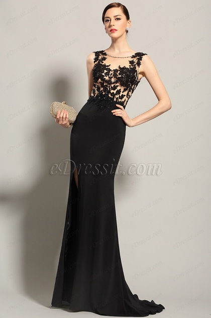 Robe de soirée longue noire sans manche fente sexy