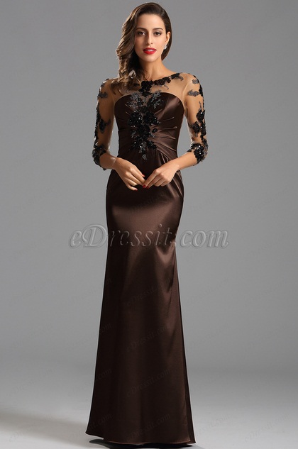 Long Sleeves Ruched Bodice Formal Evening Dress