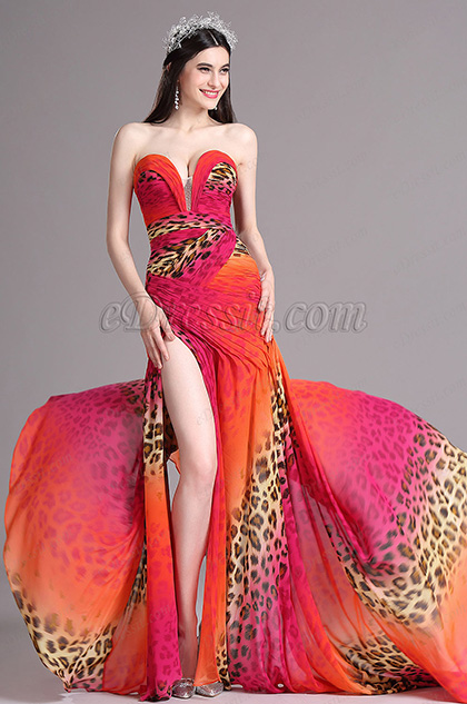 Leopard Print High Slit Strapless Sweetheart Summer Dress