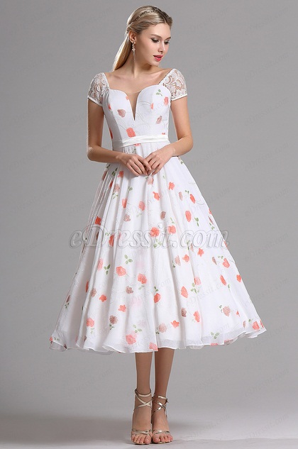 Short Sleeves Illusion V Neck Floral Party Dress