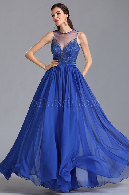 Ärmelloses Illusion Ausschnitt Blau Abendkleid Ballkleid