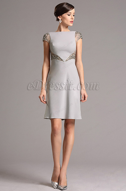 Grey Cap Sleeves Beaded Cocktail Party Dress