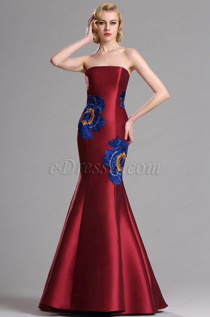 Vestido Formal Rojo Tinto Floral Bordado Sin Tirante Sirena