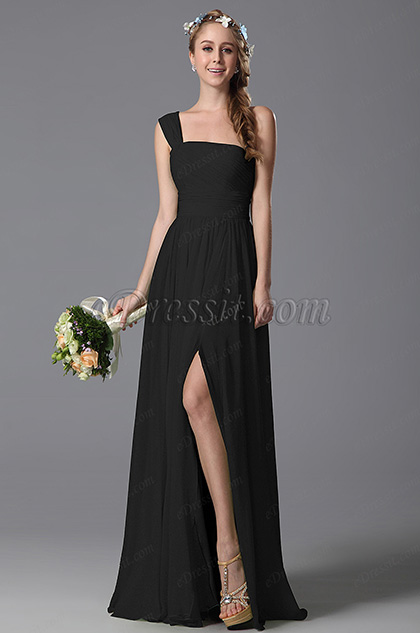 One Shoulder Slit Black Bridesmaid Dress Evening Dress