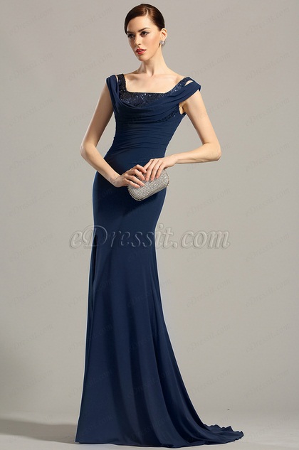 Off-the-shoulder Pleated Long Dress With High Slit Navy Blue