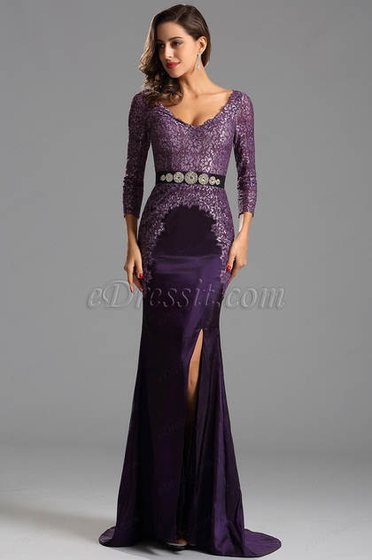 Vestido Formal para Madre Morado Corte V Manga Larga Sirena