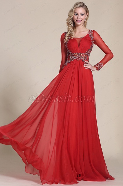 Long Sleeves Beaded Bodice Red Prom Dress