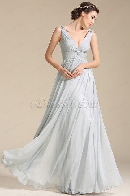 Plunging V Neck Beaded Shoulders Evening Dress Prom Dress