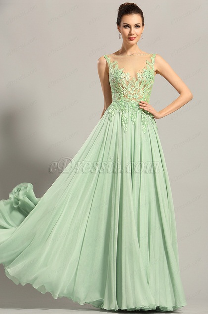 robe de soirée longue verte décolleté sexy broderie