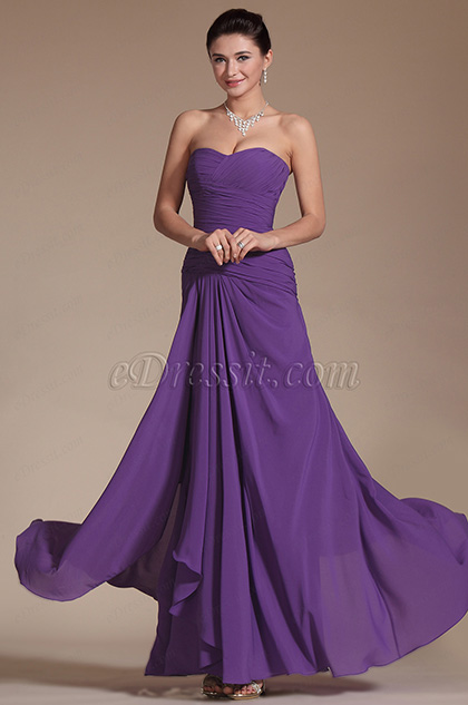 New Purple Strapless Pleated Evening Dress