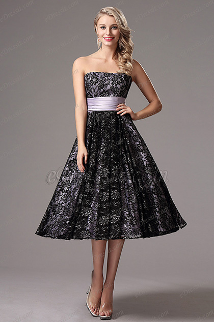 Flattering Strapless Lace Tea Length Formal Dress