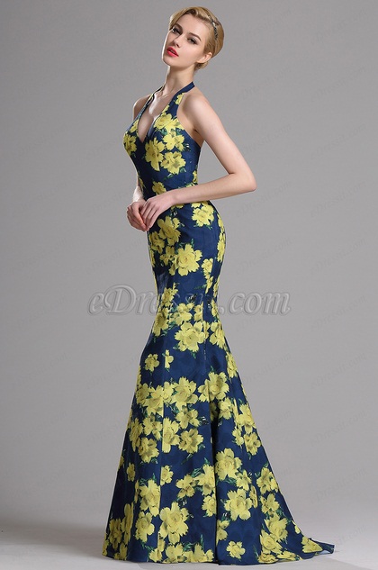 Halter Floral Print Mermaid Prom Evening Dress