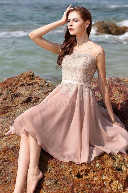 Robe de fête/cocktail Rose Evasée Broderie Dentelle