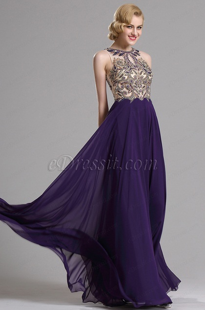 Purple Sleeveless Beaded Prom Evening Gown