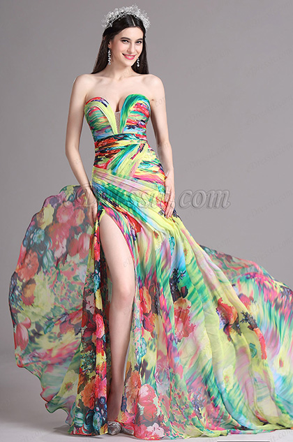 Rainbow Strapless Sweetheart Floral Printed Summer Dress