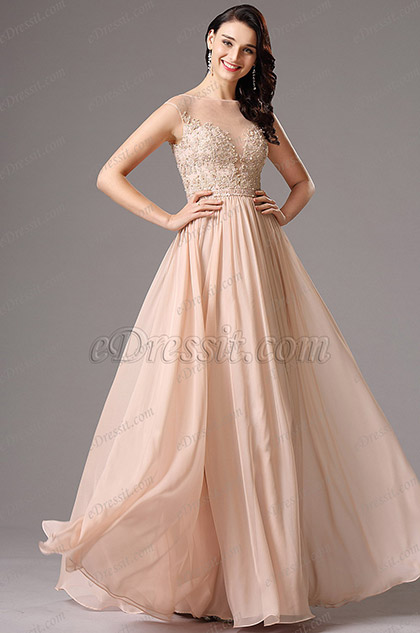 A Line Sleeveless Peach Gown with Beaded Embroidery