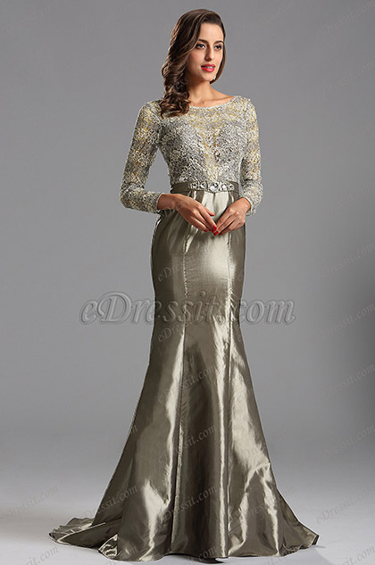 Long Lace Sleeves Grey Prom Dress Evening Dress