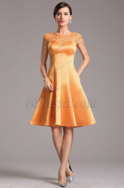 Orange Illusion Lace Neckline Party Dress Cocktail Dress