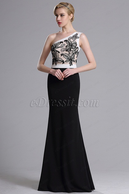 One Shoulder Floral Embroidery Prom Evening Dress