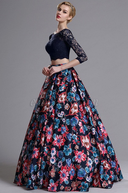 Two-piece 3/4 Sleeves Floral Prom Dress